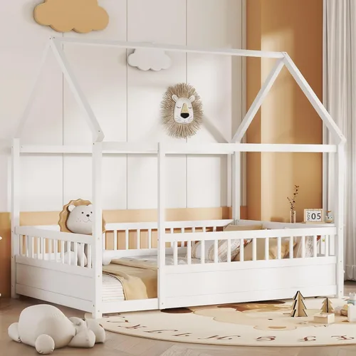 Miniatura 12 de Bellemave Cama individual para niños con marco de techo de casa y valla de seguridad, cama Montessori de madera, cama de perfil bajo para niños
