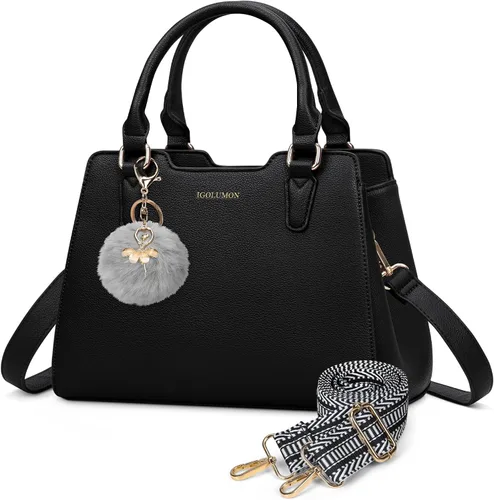 IGOLUMON Bolso de mujer con asa superior de cuero vegano sintético Satchel Monedero para mujer Bolso de mano de diseñador con lindo pompón