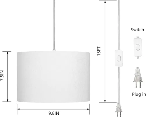 Miniatura 2 de ZSLAIFU Lámpara colgante de 15 pies con interruptor, luces colgantes blancas con cable enchufable, lámpara colgante con control remoto, lámpara