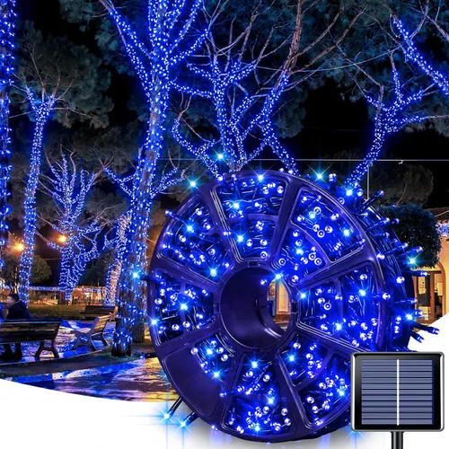 JMEXSUSS 600 luces LED solares azules de Navidad, 206.7 pies, luces azules de Navidad al aire libre, impermeables, 8 modos de luz solar al aire