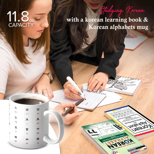 Miniatura 3 de BICETTO Taza de café de cerámica coreana de 12 onzas con impresionante diseño de hangul y alfabeto inglés, taza ideal para entusiastas del café