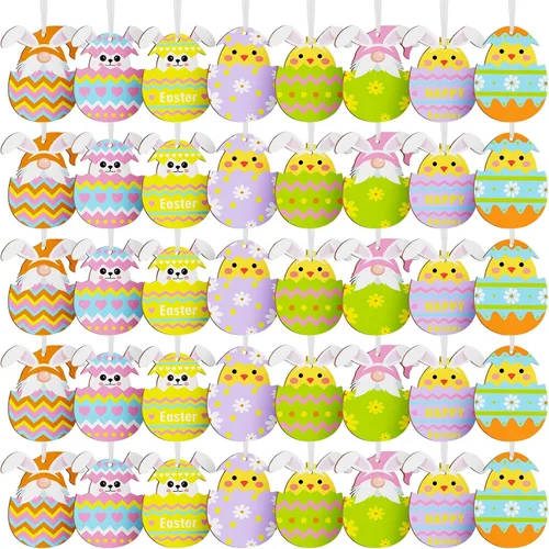 Miniatura 8 de Qunclay 40 piezas de adornos de Pascua, huevos de Pascua, huevos de Pascua, letreros colgantes para árbol, conejo, rebanadas de madera, recortes