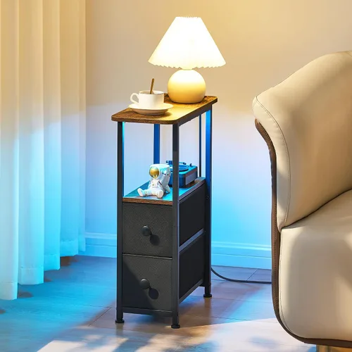 Miniatura 2 de DALEMHOME Mesa auxiliar estrecha con estación de carga, mesa auxiliar estrecha con cajón, mesita de noche pequeña con luz LED, mesita de noche Negro