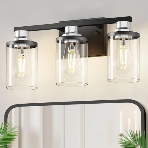 Miniatura 61 de DORESshop Lámparas de baño, 3 luces negras y doradas para baño sobre espejo con pantalla de vidrio transparente, luces de tocador para baño, Negro