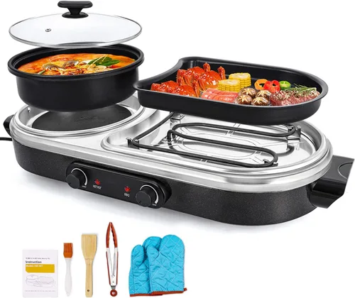 Parrilla eléctrica con olla caliente, parrilla eléctrica 2 en 1, parrilla de barbacoa coreana sin humo para interiores, olla eléctrica antiadherente