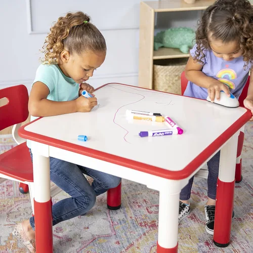 Miniatura 10 de ECR4Kids Mesa de actividades rectangular de borrado en seco con 2 sillas, ajustable, muebles para niños, azul, 3 piezas Rojo