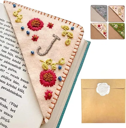Miniatura 74 de Marcapáginas de esquina bordado a mano personalizado, 26 letras con costura a mano de fieltro, marcapáginas de esquina con bordado de flores lindo