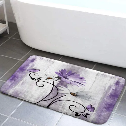 Alfombra de Baño Rústica de Granja, Alfombra de Baño de Madera de Campo con Flores de Margaritas Moradas, Mariposas y Estilo Campestre, Alfombra de
