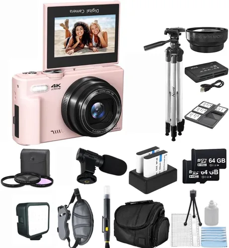 Miniatura 12 de Acuvar Cámara digital 4K, cámara digital compacta de 64 MP para fotografía y vlogging, pantalla abatible, WiFi, zoom 16X, cámara pequeña