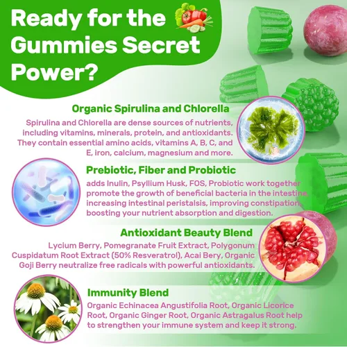 Miniatura 5 de Gomitas Super Greens, Gomitas de fibra de superalimento verde diario con espirulina, clorela, prebiótico, probiótico, frutas y verduras, vitaminas