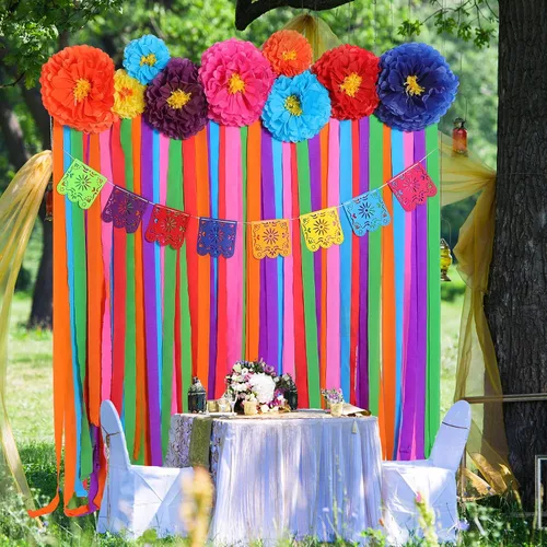 Miniatura 7 de TaoBary 16 piezas Flores de papel mexicanas, decoraciones de fiesta mexicanas, serpentina, fondo y banderines de papel picado, suministros