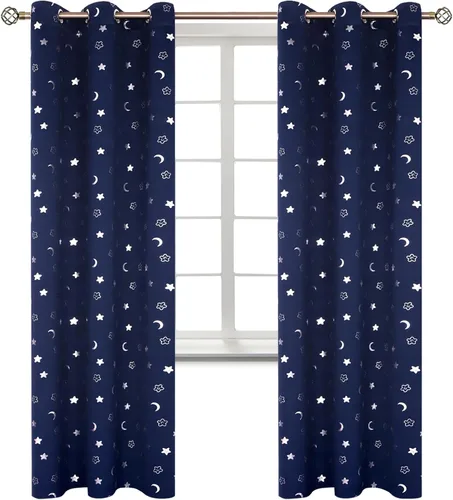 Miniatura 14 de BGment Cortinas opacas para dormitorio infantil, con aislamiento térmico, con ojales, estampado de estrellas plateadas, cortinas para oscurecer