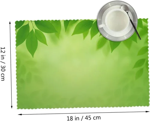 Miniatura 2 de Rectangular Placemats Set of 4, Heat Resistant Green Leaves Background Printed Kitchen Dining Table Mats