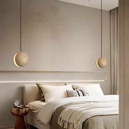 Modern Spherical Pendant Light Simple Vintage Yellow Travertine Hanging Pendant Lamp Japanese Style Wood Dome Chandelier for Kitchen Island Bedroom