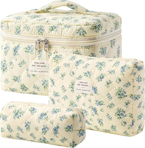 Miniatura 11 de HBselect Bolsa de maquillaje acolchada, 3 piezas de algodón grande, bolsa de maquillaje de viaje, bonita bolsa de maquillaje floral de coqueta