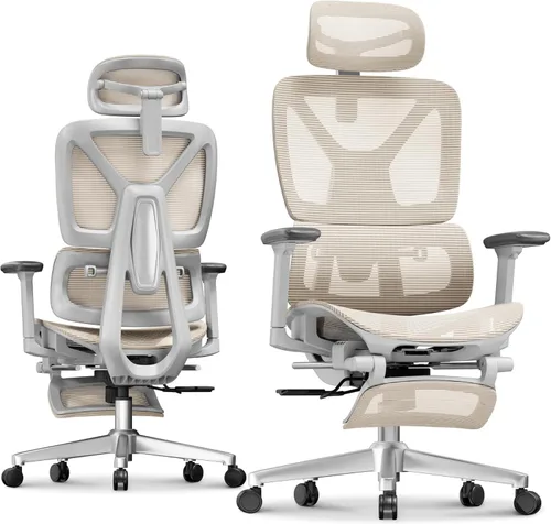 FLEXISPOT ErgoX Premium - Silla de Oficina Ergonómica Premium con Reposapiés - Reposabrazos 3D Ajustables, Soporte Lumbar Dinámico, Función de Crema