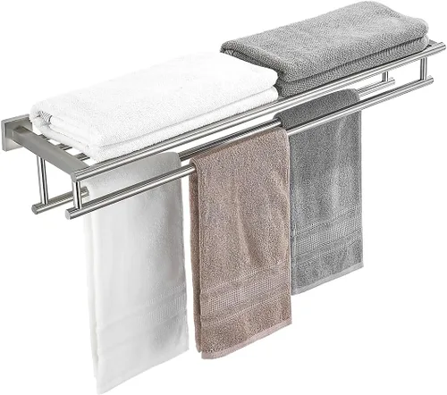 Miniatura 9 de Toallero con estante de 20 pulgadas, toalleros dobles para baño, soporte de toallas de baño negro mate, toallero de acero inoxidable SUS304