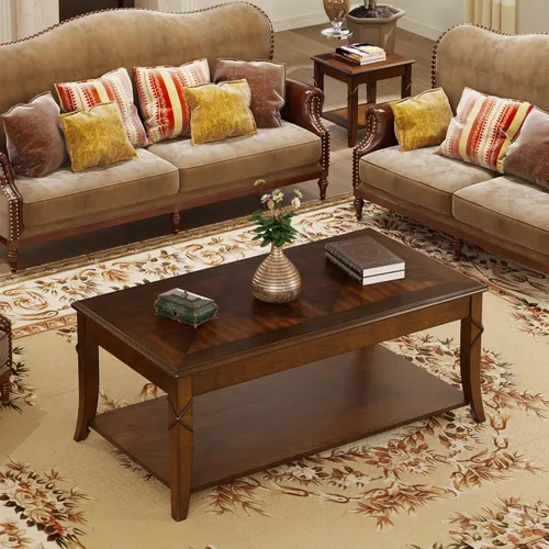 Miniatura 5 de Mesa de centro de madera maciza con estante de almacenamiento, mesa de sala de estar de mediados de siglo con mesa y patas talladas en madera, mesa
