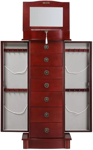 Hives and Honey Noelle Jewelry Armoire, organizador de almacenamiento con cierre con 7 cajones y 2 puertas con ganchos para collares, cereza