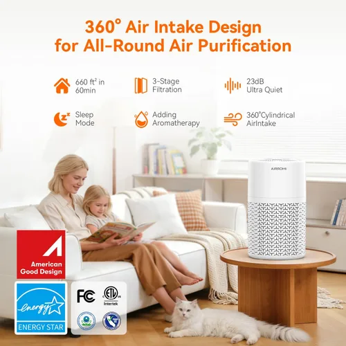 Miniatura 2 de AIRROMI Purificador de aire para mascotas para alergias en el hogar, hasta 660 pies cuadrados, filtro de carbón activado desodorizante HEPA