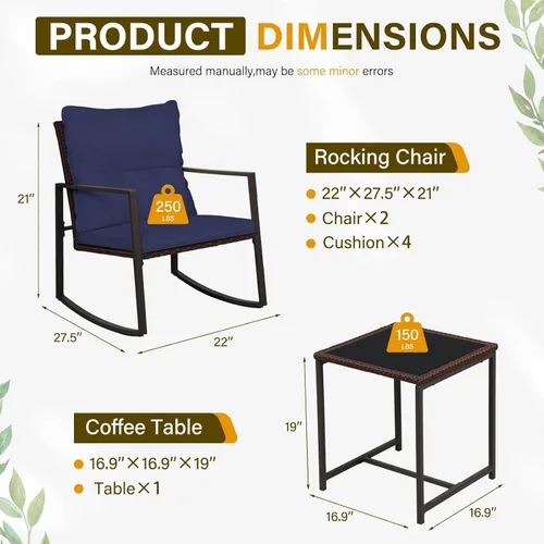 Miniatura 9 de SUNCROWN Juego de 3 piezas de muebles mecedores de mimbre para exteriores, juego de sillas para porche y conversación con mesa de café de vidrio
