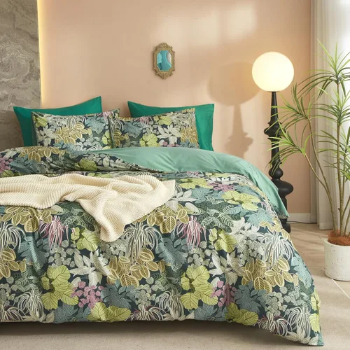 Miniatura 29 de Juego de funda de edredón blanca con estampado floral azul, juego de ropa de cama de algodón suave estilo bohemio, juego de ropa de cama estética