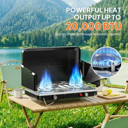 Miniatura 2 de ROVSUN Estufa de camping portátil de 2 quemadores con encendedor, estufa de campamento de propano de 20000 BTU con adaptador, mango integrado