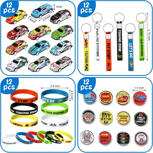 Miniatura 2 de Juego de 98 piezas de suministros de fiesta de autos de carreras, juego de decoración temática de cumpleaños con mini autos de carreras, juguetes