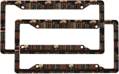 2 Pcs Car License Plate Frames for Women Men - Vintage Bookshelf Print Solid Aluminum License Plate Cover for Car Accessories with Fasteners and