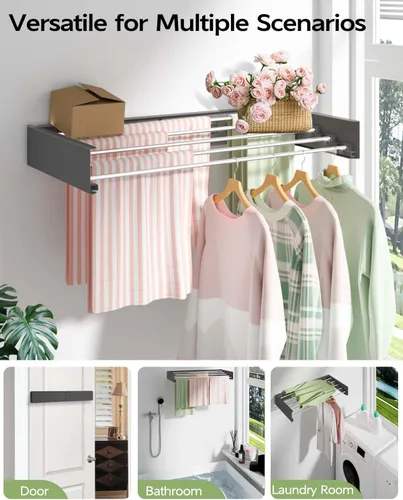Miniatura 3 de Vikaqi Tendedero de Ropa Montado en la Pared de 32", Tendedero de Lavandería Plegable de Montaje en Pared para Interiores, Tendedero de Ropa Negro