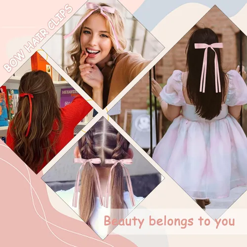 Miniatura 2 de Juego de lazos para el pelo de cinta para mujeres y niñas, 10 pinzas para el cabello con borlas de lazo, pasadores en negro, blanco, rojo vino