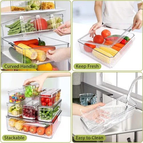 Miniatura 4 de Paquete de 10 cubos organizadores de despensa para refrigerador, cubos organizadores apilables para refrigerador con tapas, contenedores de plástico