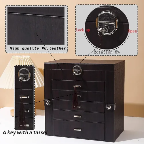 Miniatura 2 de BOOVO Joyero para mujer, organizador de joyas grande de 6 capas con espejo, caja de almacenamiento multifunción con cerradura, soporte de accesorios