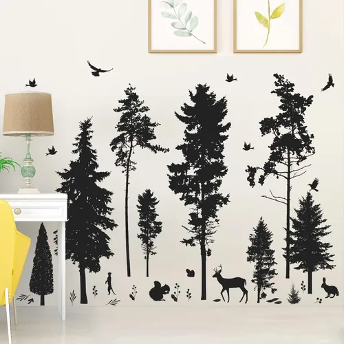 Miniatura 3 de Vinilo adhesivo de pared de pino, 9 árboles, ciervos, pájaros, conejos, bosques y naturaleza, removible de vinilo negro de alta calidad para niños