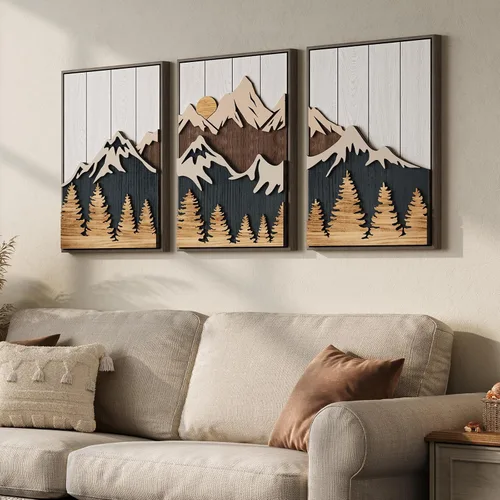 Miniatura 9 de Arte de pared de madera 3D con textura bohemia 3D para dormitorio, 3 piezas de arte de madera tallada botánica tropical para paredes, hoja de Marrón