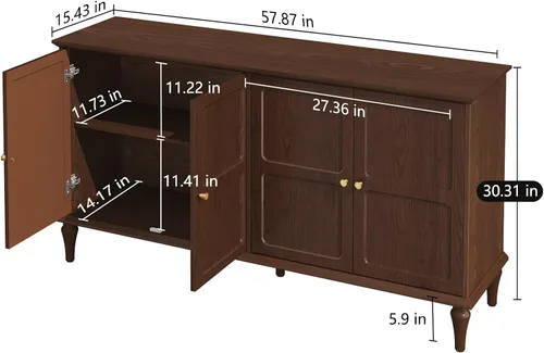 Miniatura 2 de ARTPOWER Aparador buffet con almacenamiento, gabinete de almacenamiento moderno de mediados de siglo de 58 pulgadas con 4 puertas y estantes Marrón