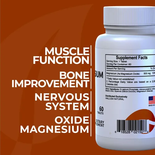 Miniatura 2 de Hallusa Natural Magnesio para calambres en las piernas, magnesio como óxido 500 mg, 60 cápsulas, suministro de 60 días, relajación muscular, alta