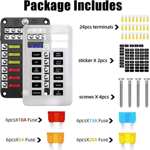 Miniatura 5 de Caja de bloque de fusibles de 12 vías y 12 voltios, panel de fusibles impermeable para barco con indicador de advertencia LED, 12 circuitos con hoja