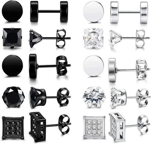 Miniatura 2 de FIBO STEEL 10 pares de aretes de acero inoxidable para hombres y mujeres piercings de oreja de túnel de oreja con incrustaciones de circonita cúbica