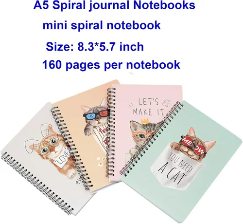 Miniatura 4 de Yansanido Cuaderno de espiral, 4 piezas A5 de tapa dura gruesa con diseño de gato, 0.315 in, 4 colores, 80 hojas, 160 páginas para estudio y notas
