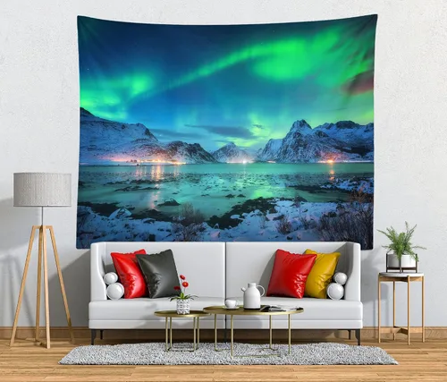 Miniatura 3 de BELECO Northern Lights - Tapiz de pared Aurora Borealis, 60 x 40 pulgadas, vista al lago y montañas de nieve, noche estrellada, tapiz de invierno