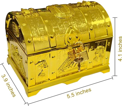 Miniatura 8 de Cofre del tesoro egipcio para niños, caja de tesoro pirata decorativa dorada con cerradura y llave para premios infantiles, fiesta temática