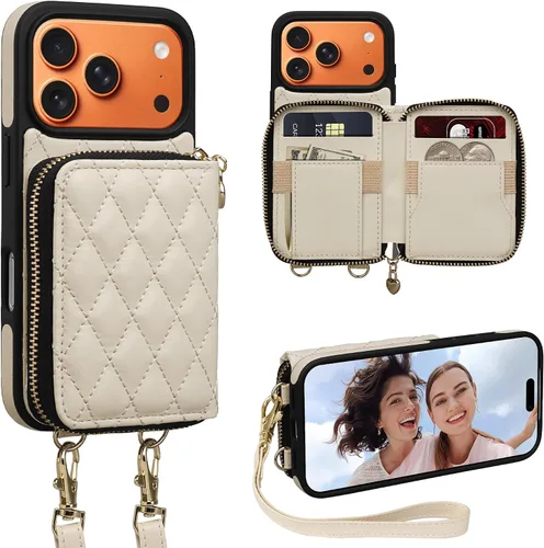 Miniatura 25 de Funda tipo cartera para iPhone 15 de 6.1 pulgadas, bolso cruzado con cremallera y correa para la muñeca con cordón para mujer, tarjetero con bloqueo