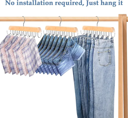 Miniatura 6 de Ganchos para jeans para armario, 14 ganchos de madera para jeans que ahorran espacio, soporte giratorio de 180° para faldas, pantalones cortos