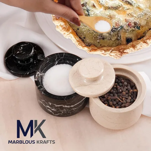 Miniatura 2 de MARBLOUS KRAFTS Salero de Mármol 3" Cebra Negra y Verona Cuenco de Sal Escamosa y Pimienta con Tapa, Almacenamiento para el Hogar y Recipientes