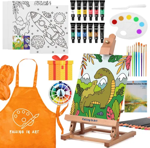 Miniatura 9 de Falling in Art Juego de pintura para niños con caballete de mesa, kit de inicio de pintura acrílica con bata de arte, pinturas acrílicas, lápices