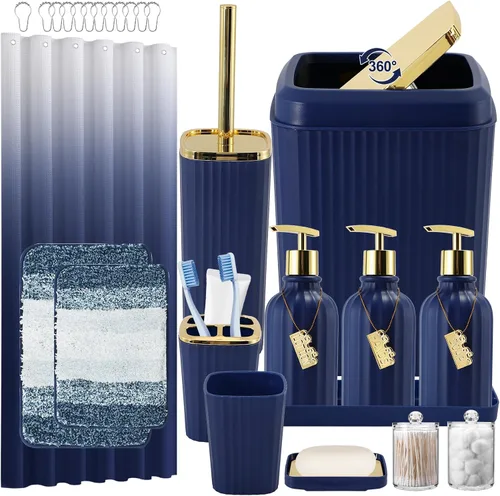 Miniatura 63 de 21PCS Bathroom Sets with Shower Curtain and Rugs Bathroom Accessories Set Beige Bathroom Set Complete with Trash Can, Toilet Brush, Qtip Holder &