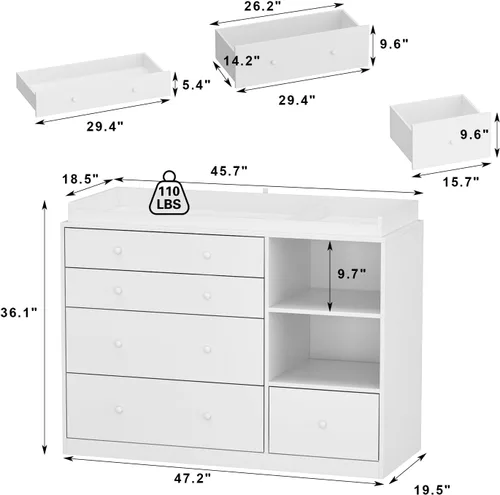 Miniatura 2 de Cómoda de guardería con mesa cambiadora para bebé, mesas cambiadoras de pañales para guardería con 5 cajones y estantes, estación cambiadora