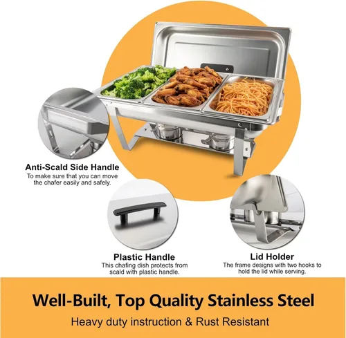 Miniatura 7 de Festa Essential Juego de 4 Platos de Roce para Buffet de Acero Inoxidable 5 QT Redondos y 8 QT Rectangulares, Calentadores de Alimentos con Bandeja
