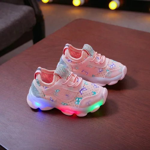 Miniatura 5 de Tenis deportivos para correr para niñas pequeñas con luz LED de cristal de mariposa y luz LED